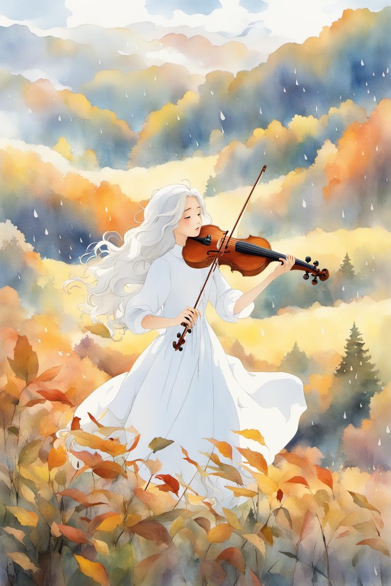 14080-3270742433-A girl in an autumn forest plays and sings on a violin,Studio Ghibli,rain,long hair,white clothes,white hair,curly hair,Isolated.png